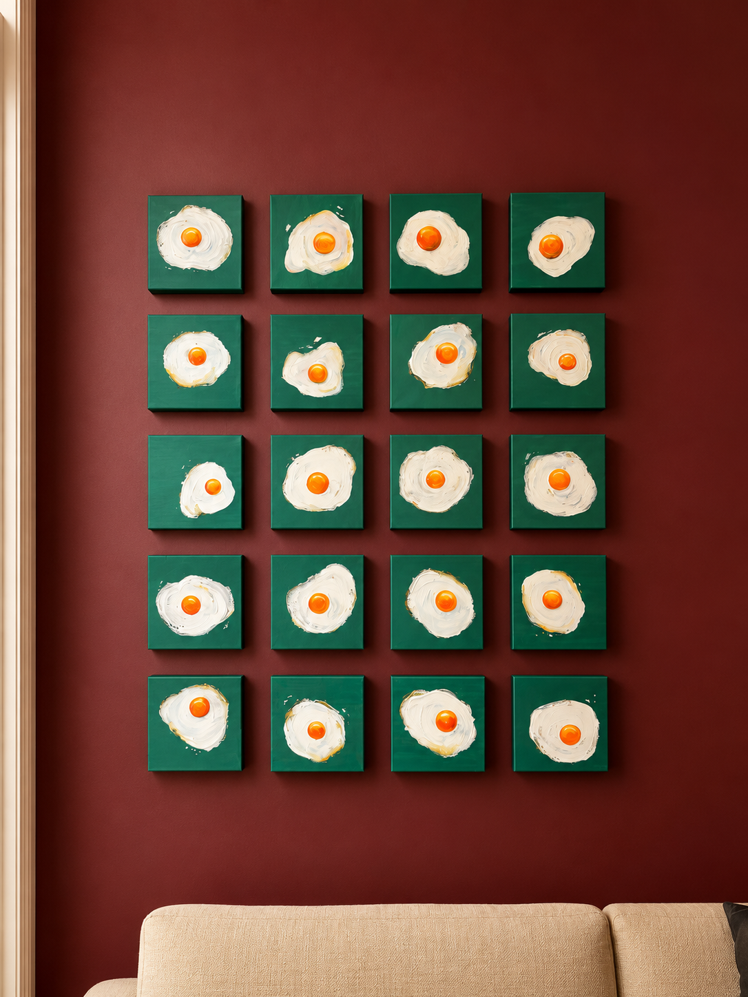 Fried Eggs – 20 originalmålningar i akryl, 20 × 20 cm