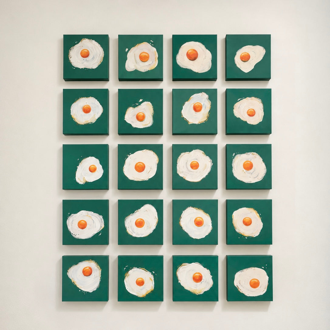 Fried Eggs – 20 originalmålningar i akryl, 20 × 20 cm
