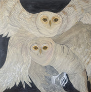 Wide Awake – stor originalmålning i akryl med två ugglor av Aleksandar Dajic, 200 × 200 cm