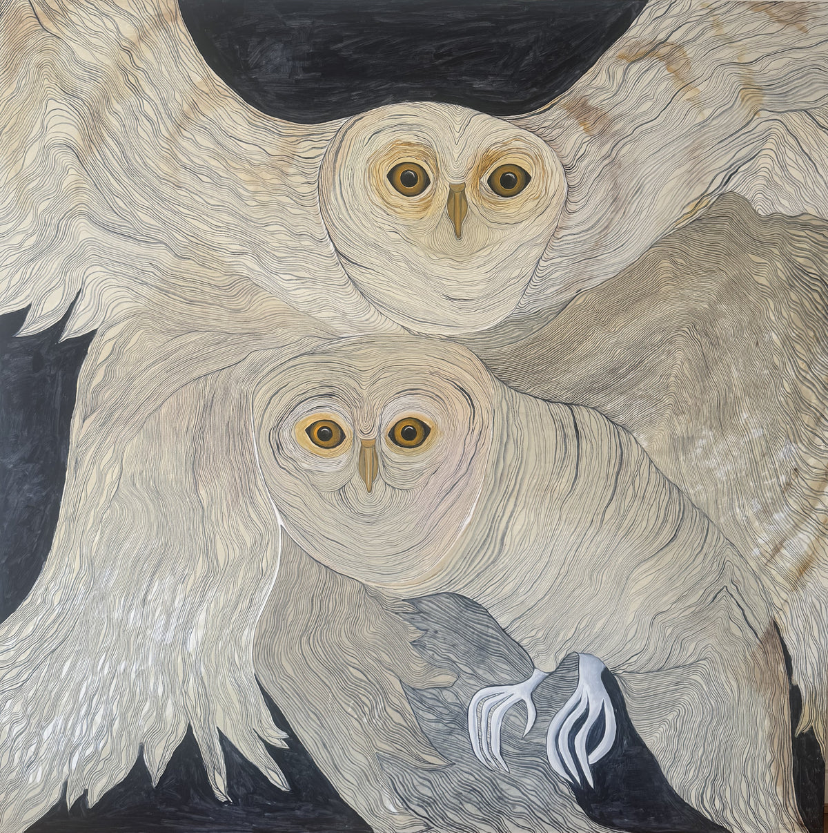 Wide Awake – stor originalmålning i akryl med två ugglor av Aleksandar Dajic, 200 × 200 cm
